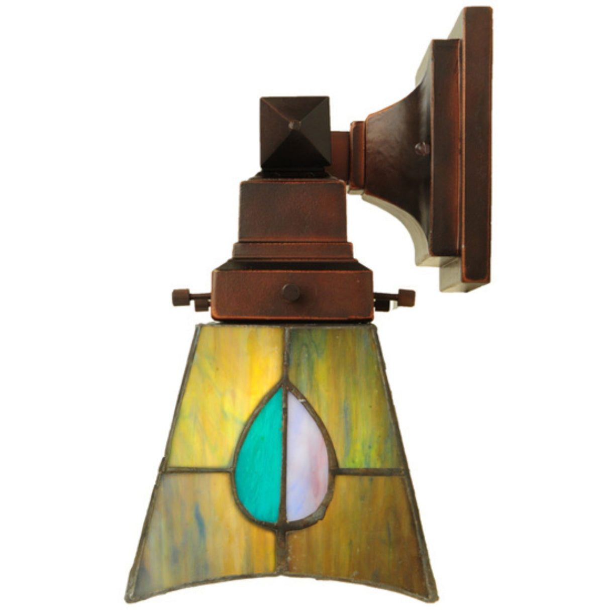 Side profile of Mackintosh Leaf wall sconce with bronze finish and glass shade.