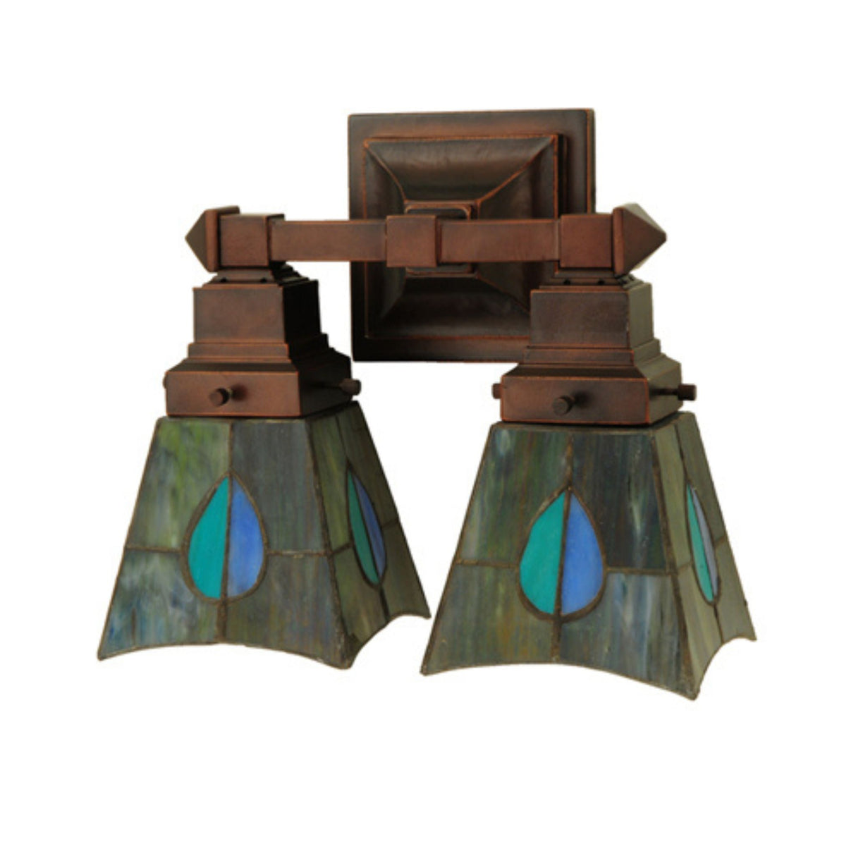 Mackintosh-style wall sconce with dual light stained glass shades.