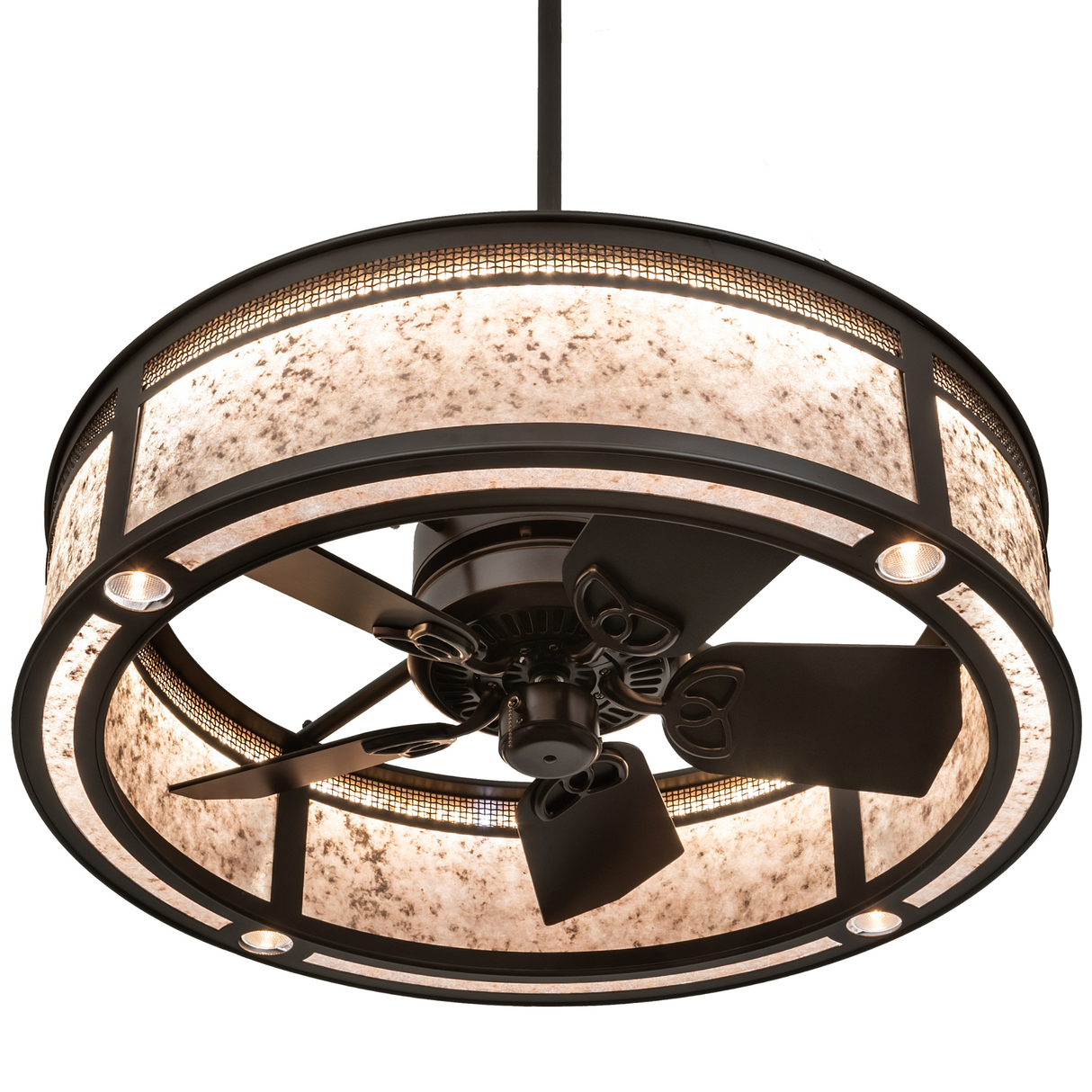 Bottom lit angle view showing integrated fan and downlights