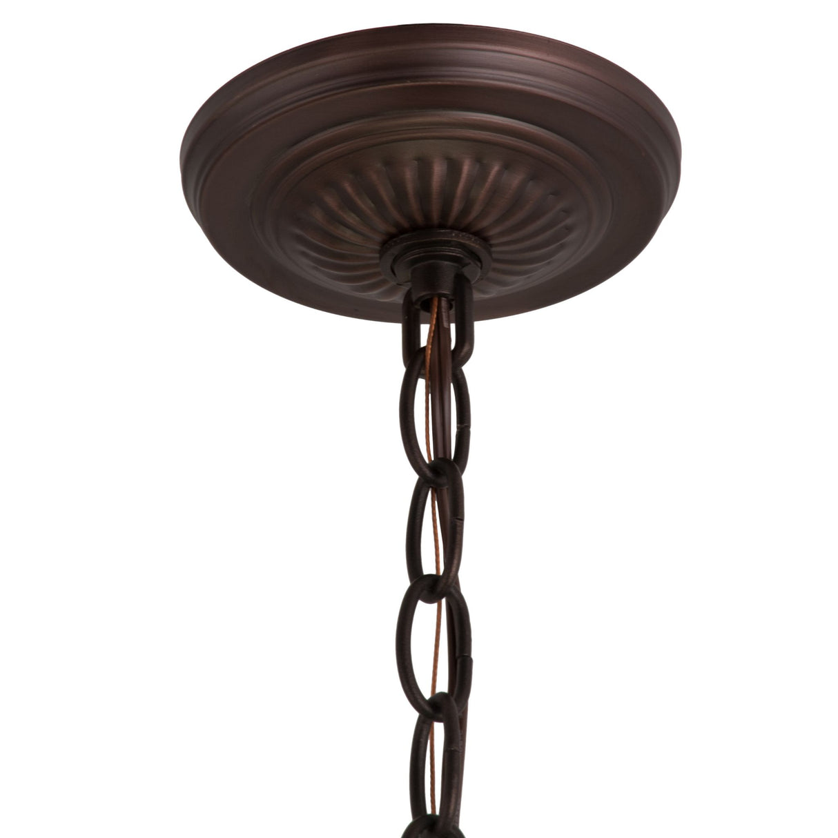 Close-up of the Mahogany Bronze pendant hardware canopy and chain.