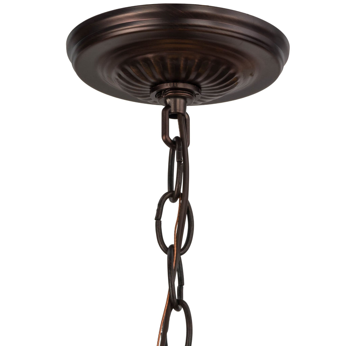 Close-up of the mahogany bronze pendant hardware canopy with chain attachment.