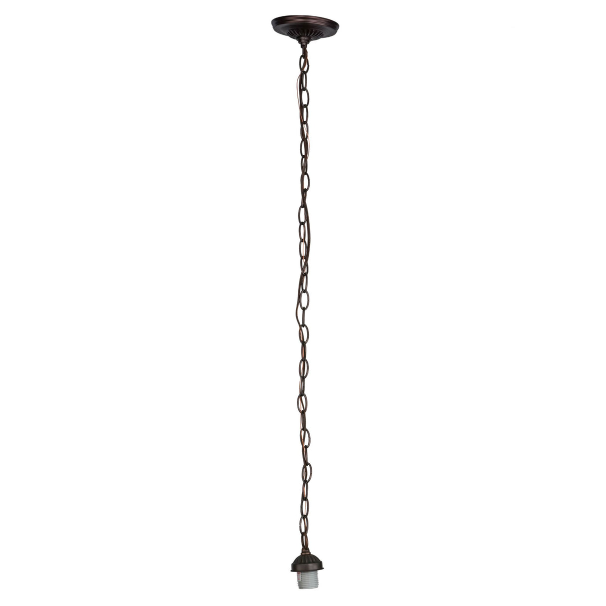 Full-length view of the mahogany bronze pendant hardware with chain and socket.