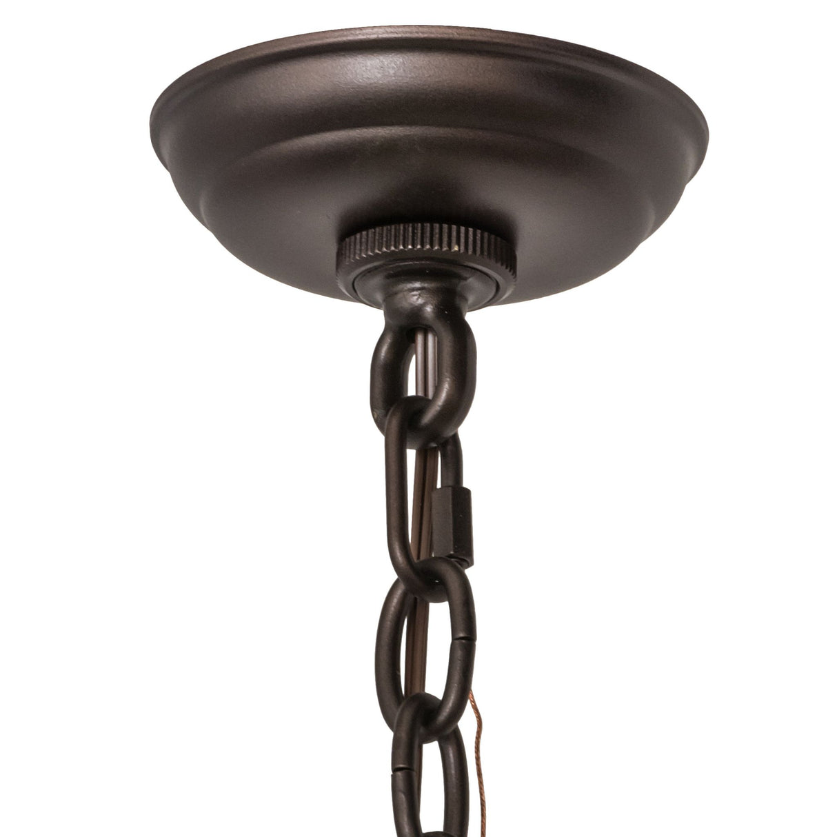 Ceiling mount view of the Mahogany Bronze 3-Light Pendant Hardware with chain attachment.