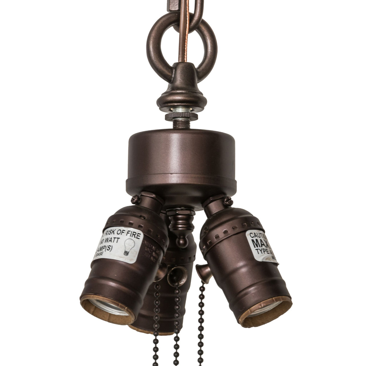Close-up of the Mahogany Bronze 3-Light Pendant Hardware socket assembly.