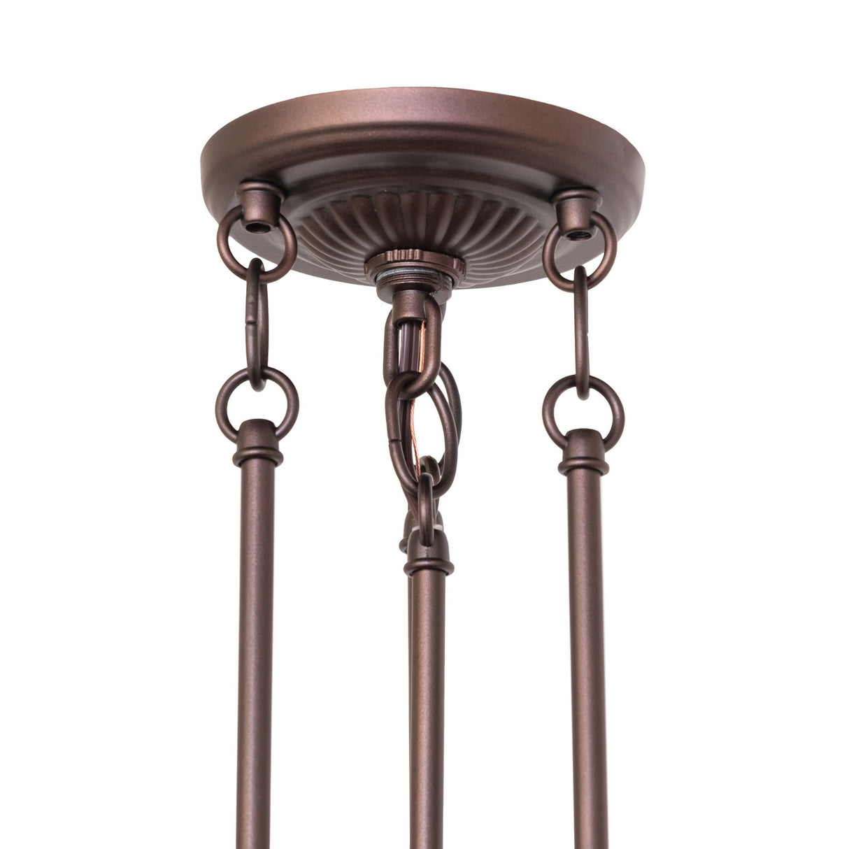 Close-up of Semi-Flushmount canopy showcasing its detailed metalwork and chain suspension.