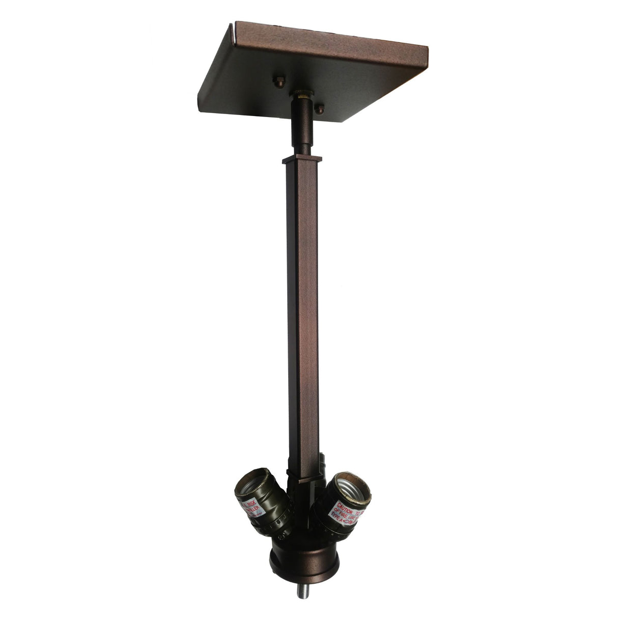Mahogany bronze ceiling light hardware with three bulb sockets in an inverted design.