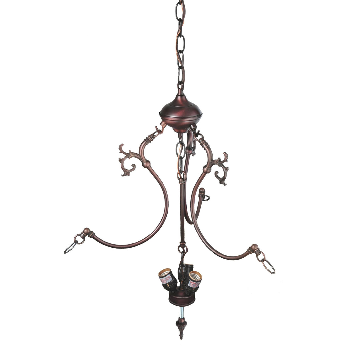Mahogany bronze pendant frame showcasing elegant curves and decorative accents without shades.