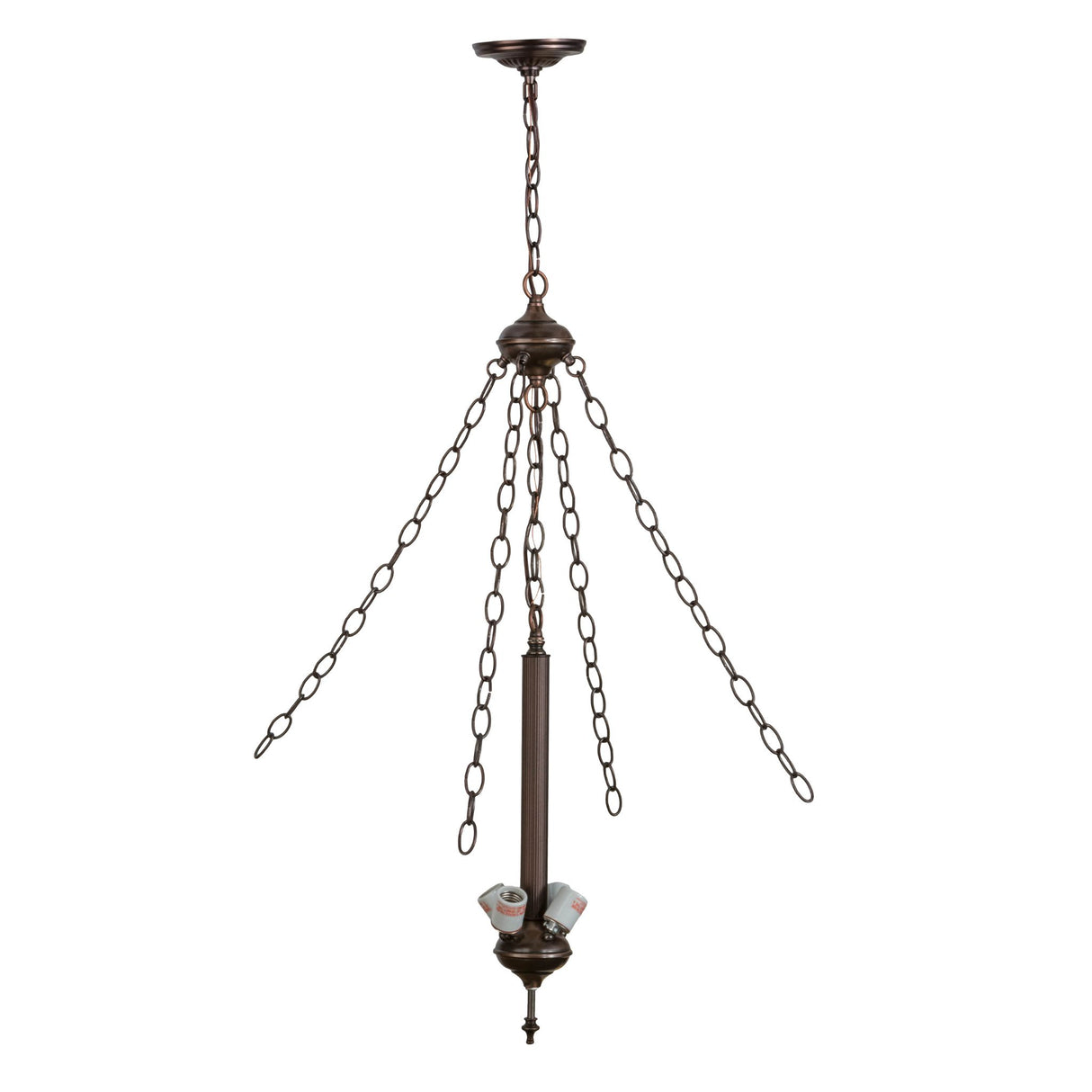 Mahogany Bronze 4-light inverted pendant fixture with chain suspension and adjustable height.