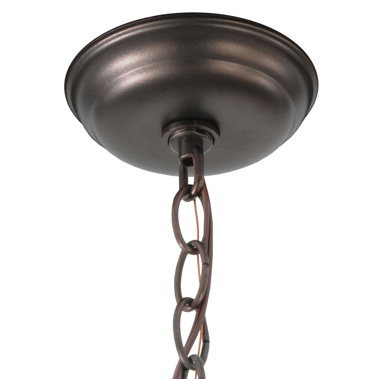 Close-up of the ceiling mount and chain of Mahogany Bronze chandelier.