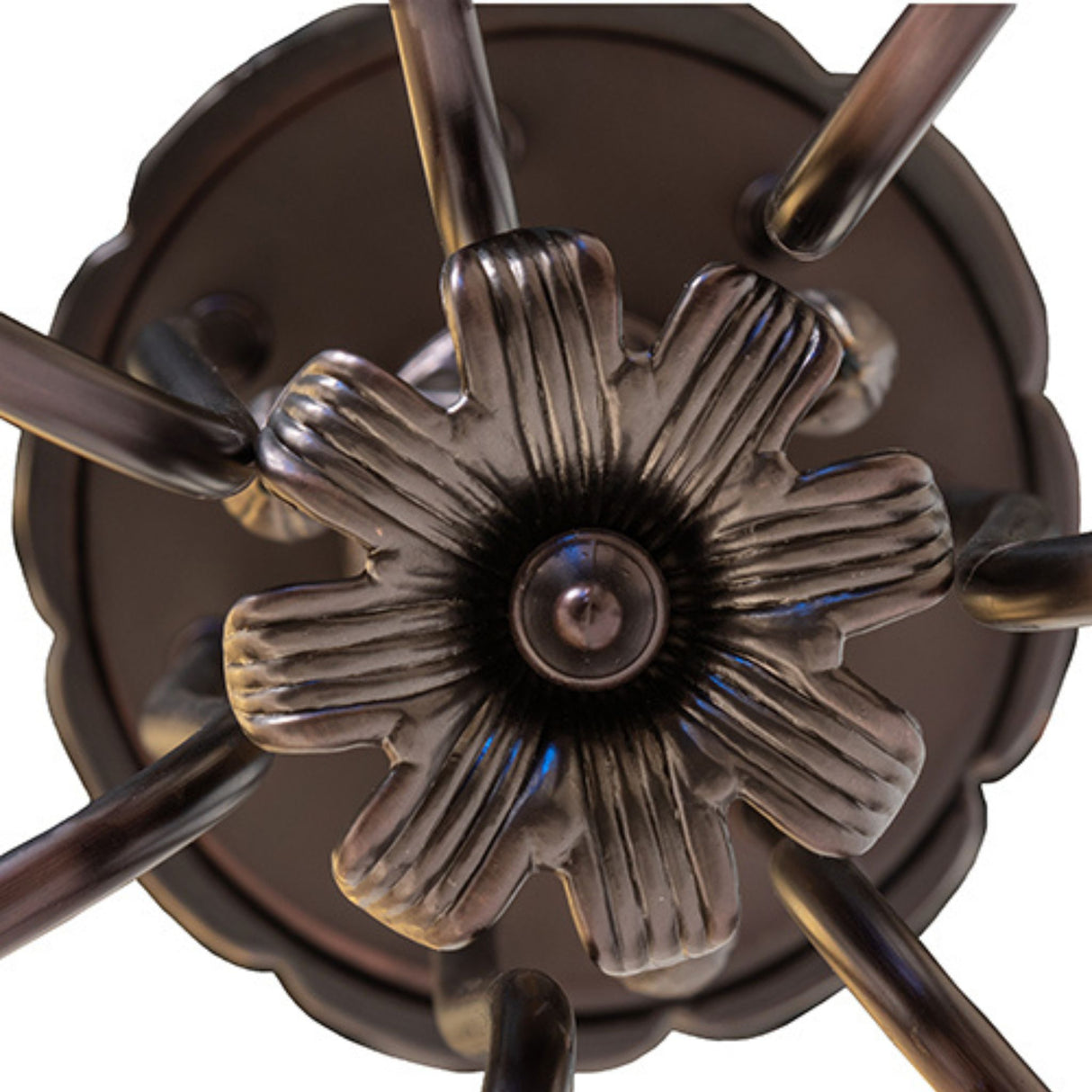 Detailed bottom view of the 17"W Mahogany Bronze Chandelier Hardware.