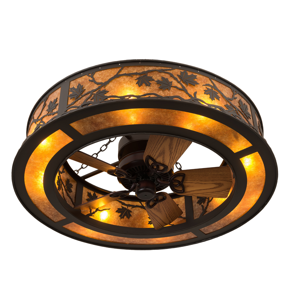 Bottom angled lit view showing fan blades and inner lighting glow.