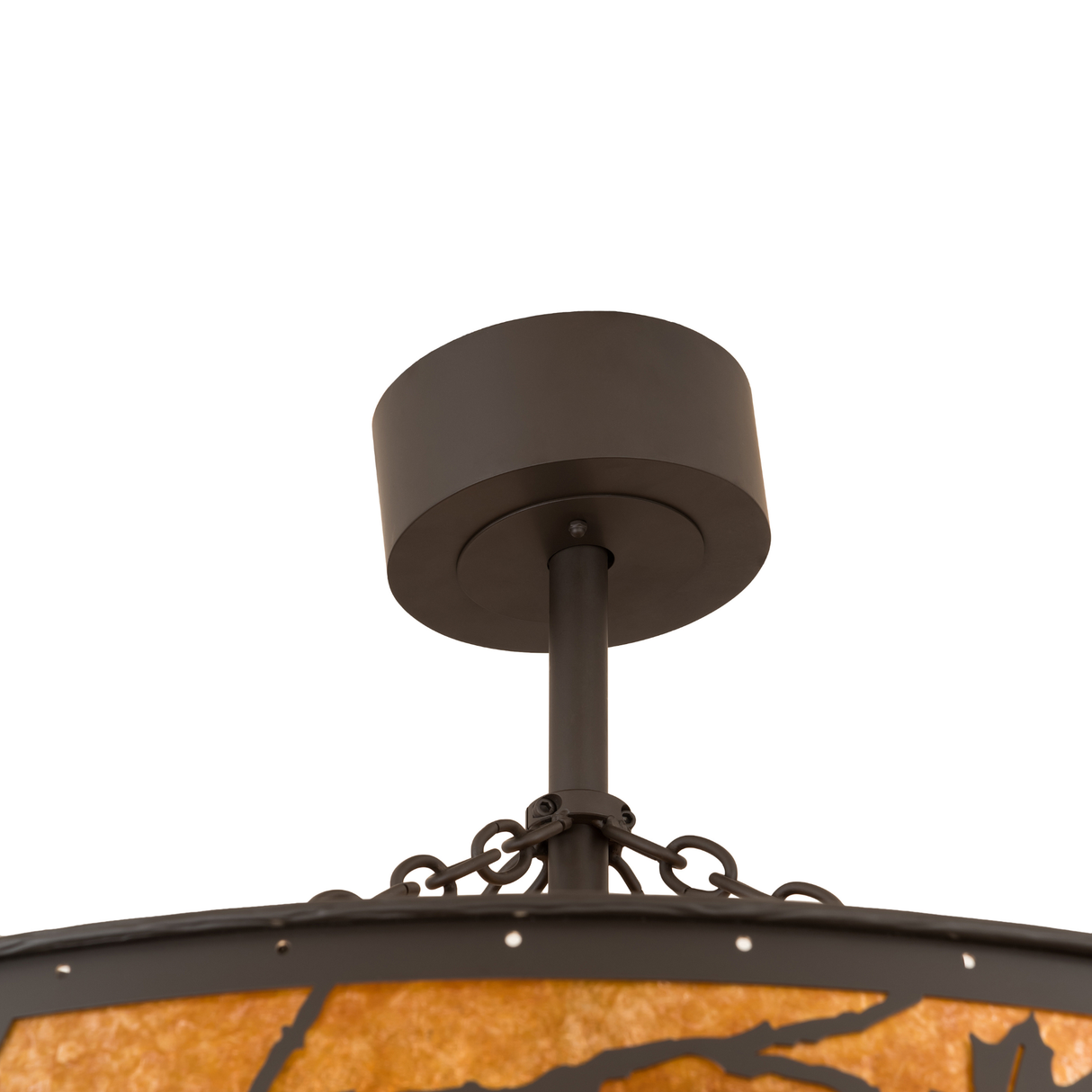 Close-up of canopy and chain suspension in oil rubbed bronze finish.