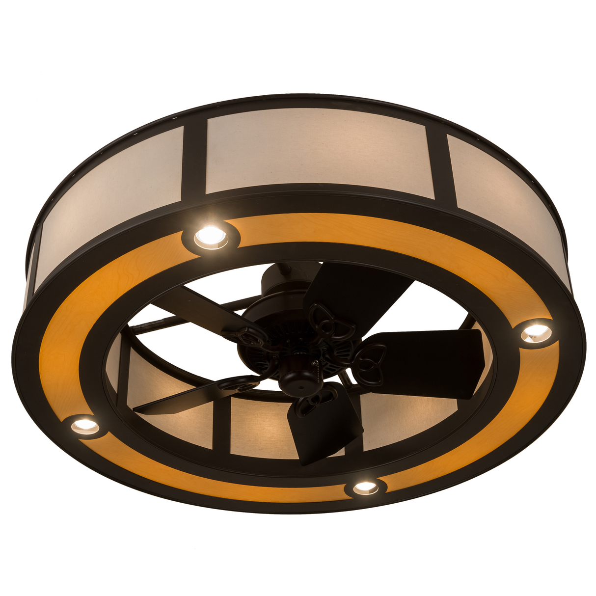 Bottom angled lit view showing fan blades and glowing maple diffuser ring.