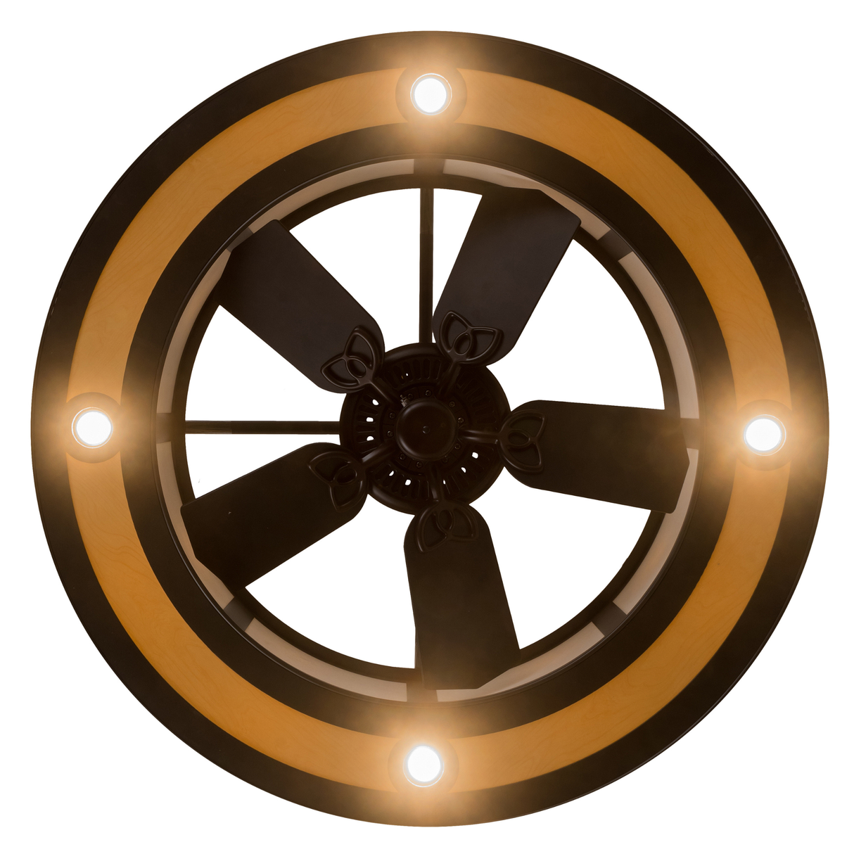Bottom lit view highlighting fan blades and glowing circular diffuser.