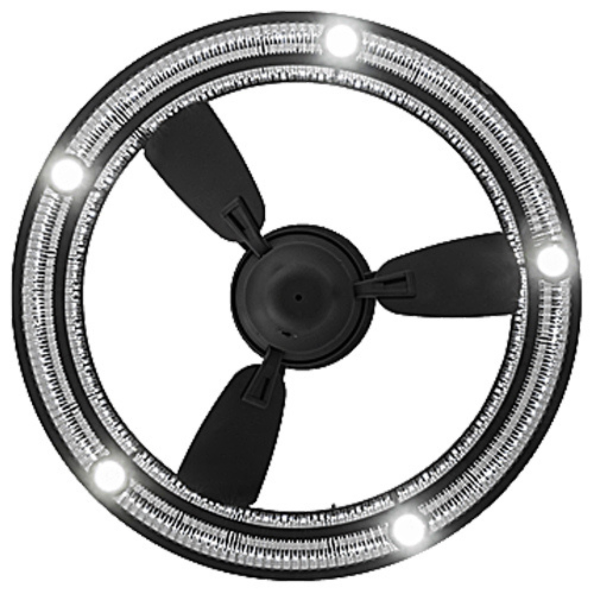 Bottom lit view revealing LED downlights and fan blades inside circular frame.