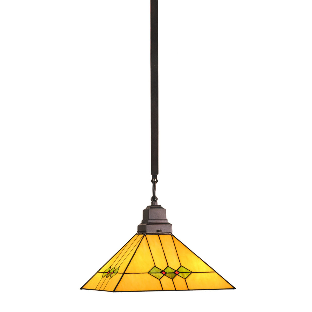 Martini Mission pendant with a Honey Amber stained glass shade, olive green diamonds, and red accents.