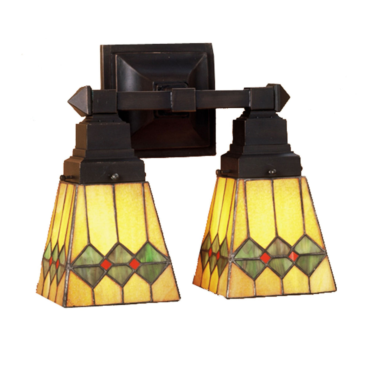 Pair of Martini Mission wall sconces with stained glass shades and mahogany bronze hardware.