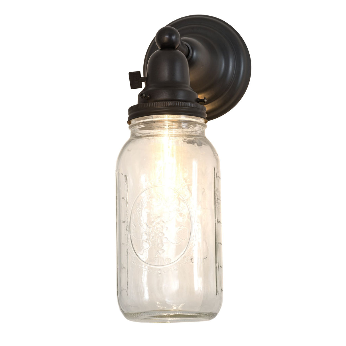 Angled view of Mason Jar Wall Sconce showing clear glass jar and rustic finish.