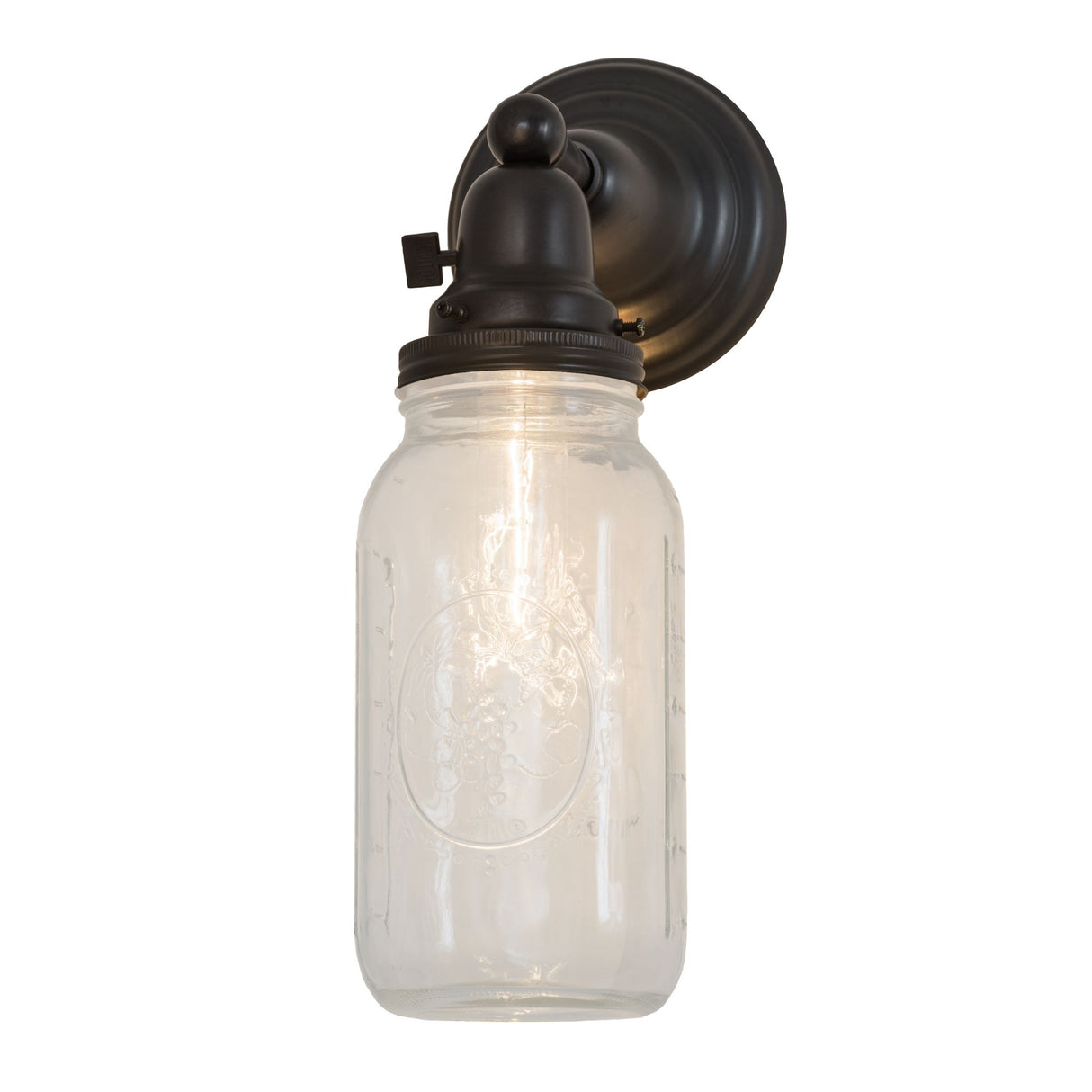 Front view of Mason Jar Wall Sconce with clear glass shade and decorative base.