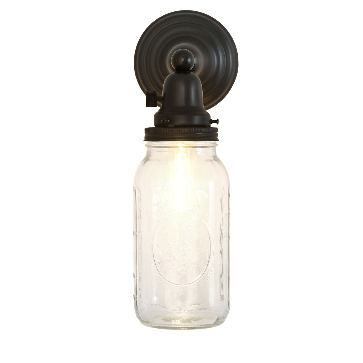 Horizontal view of Mason Jar Wall Sconce with Edison-style bulb inside the jar.