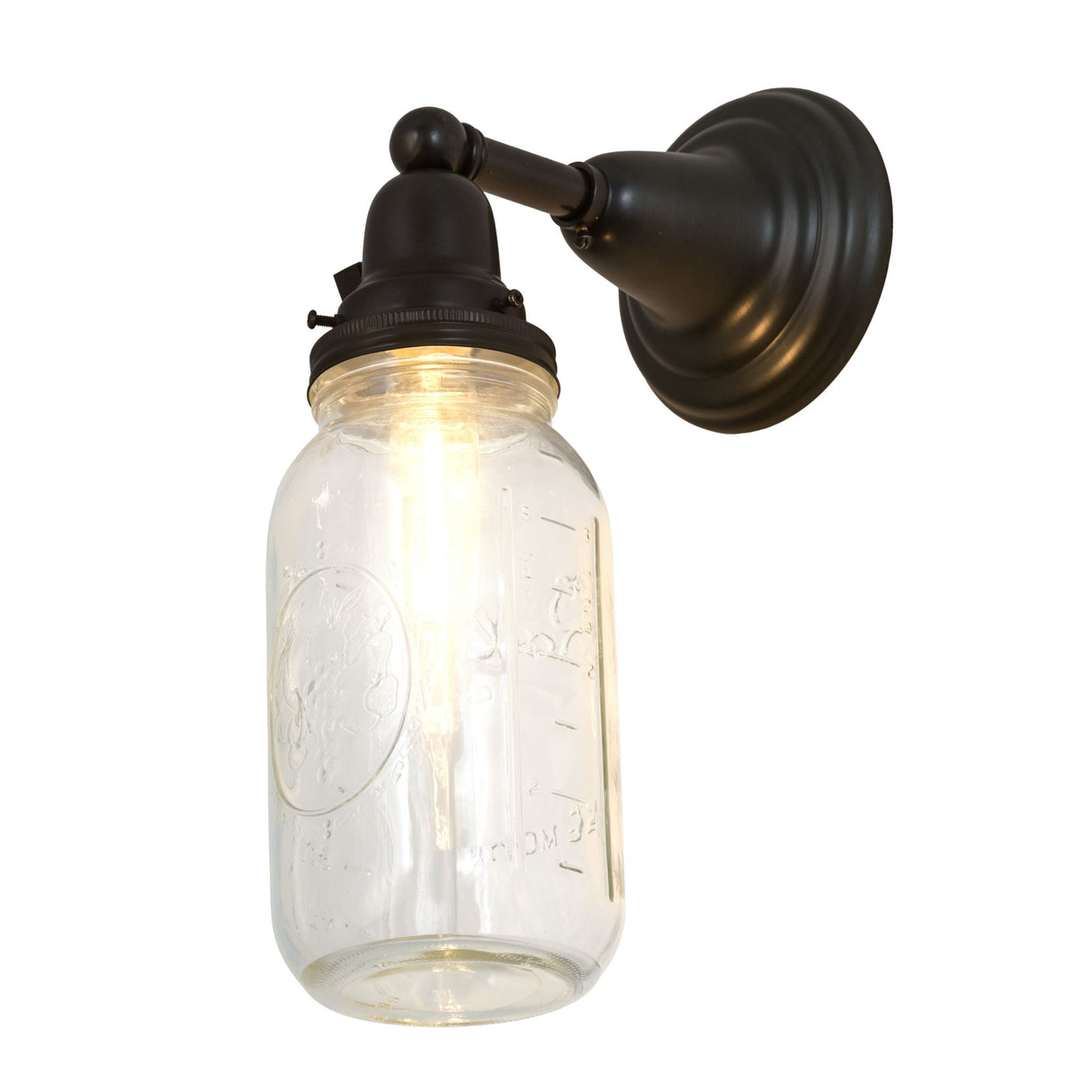 Light effect view of Mason Jar Wall Sconce with glowing jar.
