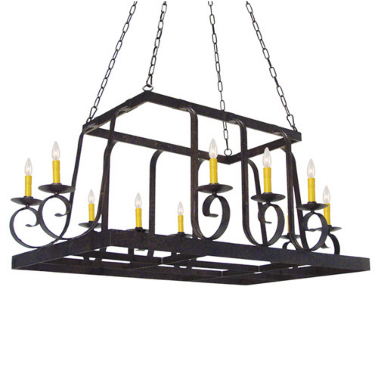 Angled view of Maura 10-light pot rack chandelier with candle-style lights.
