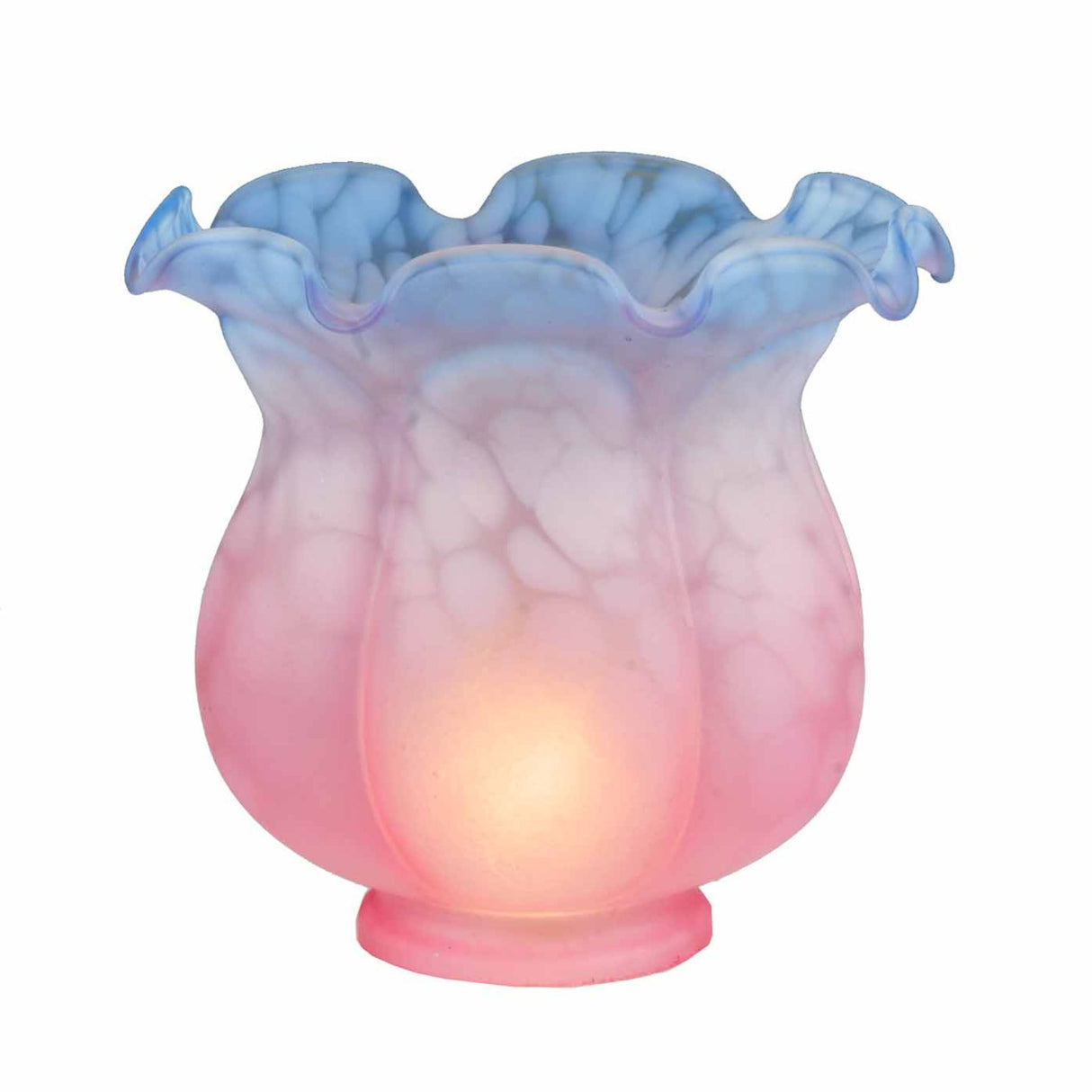 Pink and blue stained glass shade with a floral-inspired design.