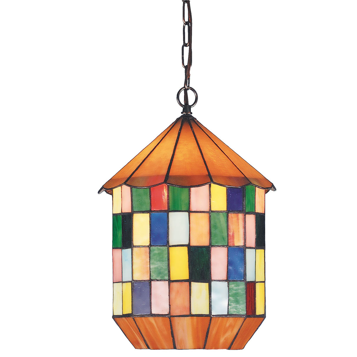 Multicolored stained glass lantern pendant with honey-toned roof.