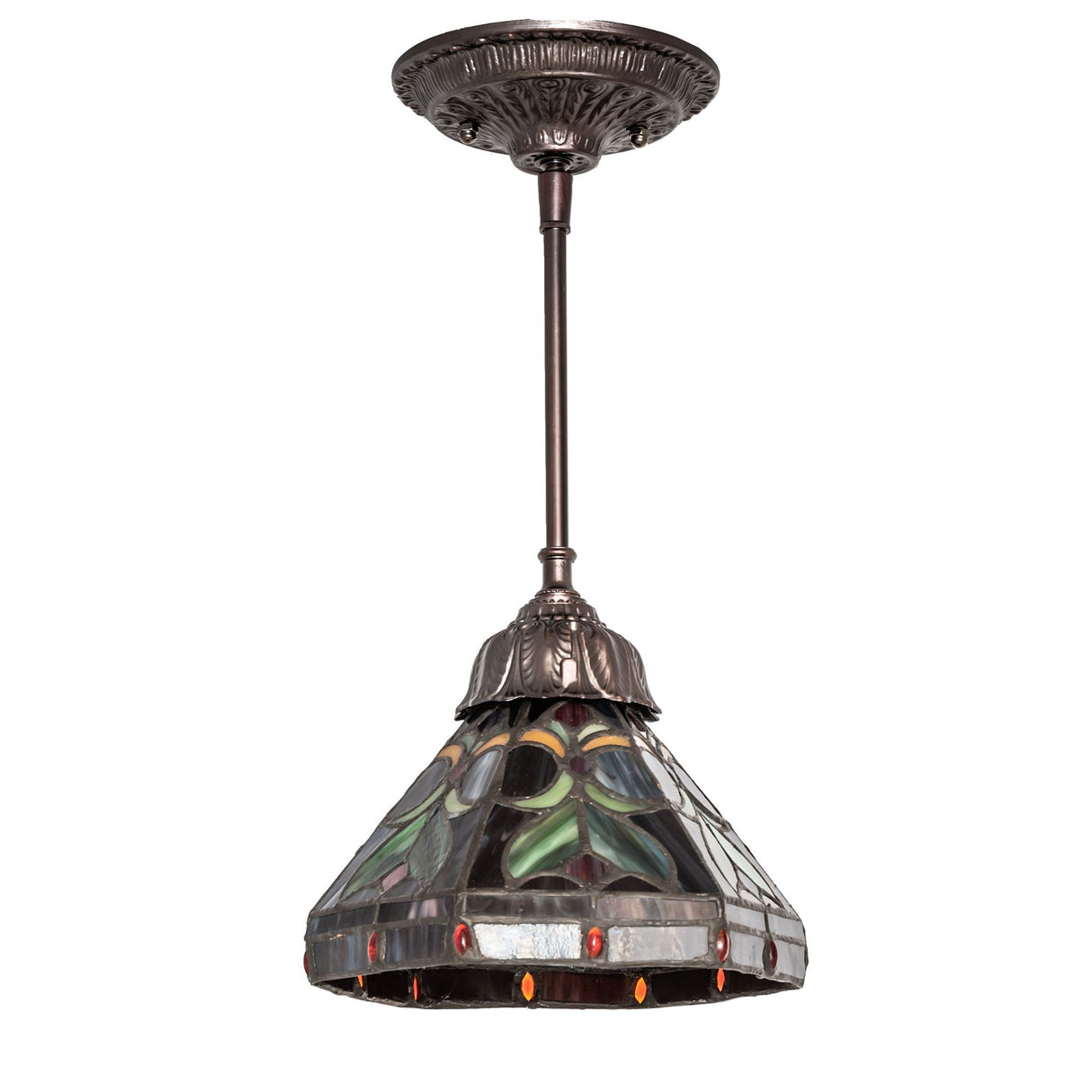 Middleton mini pendant with bronze canopy and detailed stained glass shade.