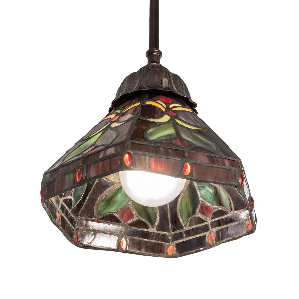 Middleton mini pendant illuminated, showcasing vibrant glass design.