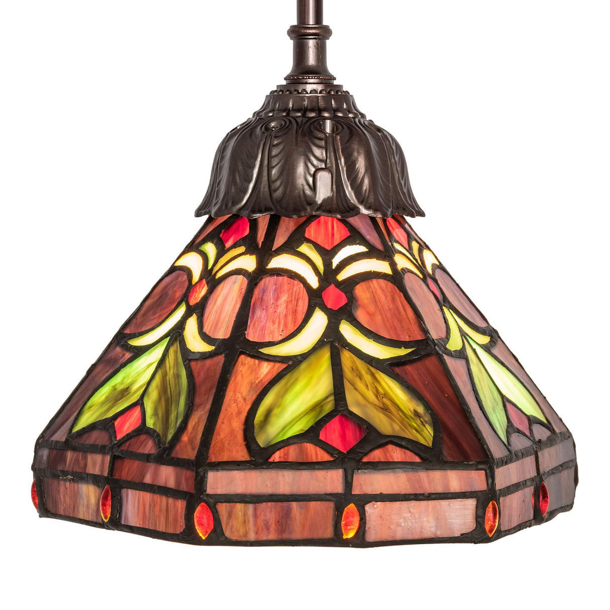 Vibrant stained glass shade of the Middleton mini pendant with floral motifs.