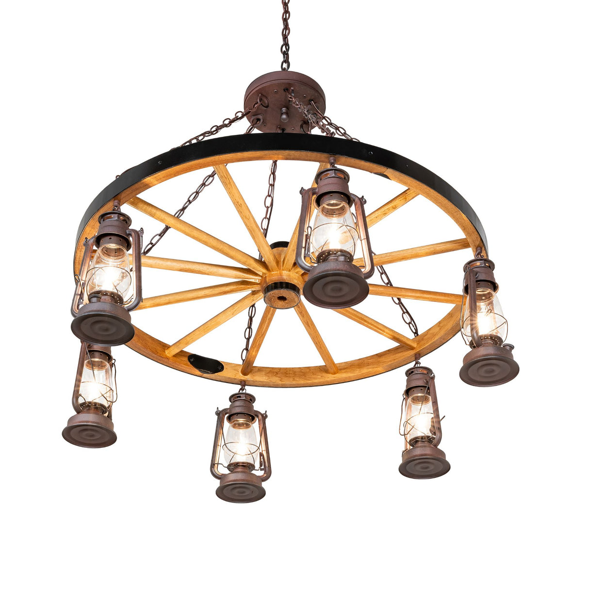 Bottom angle view of wagon wheel chandelier with lamps.