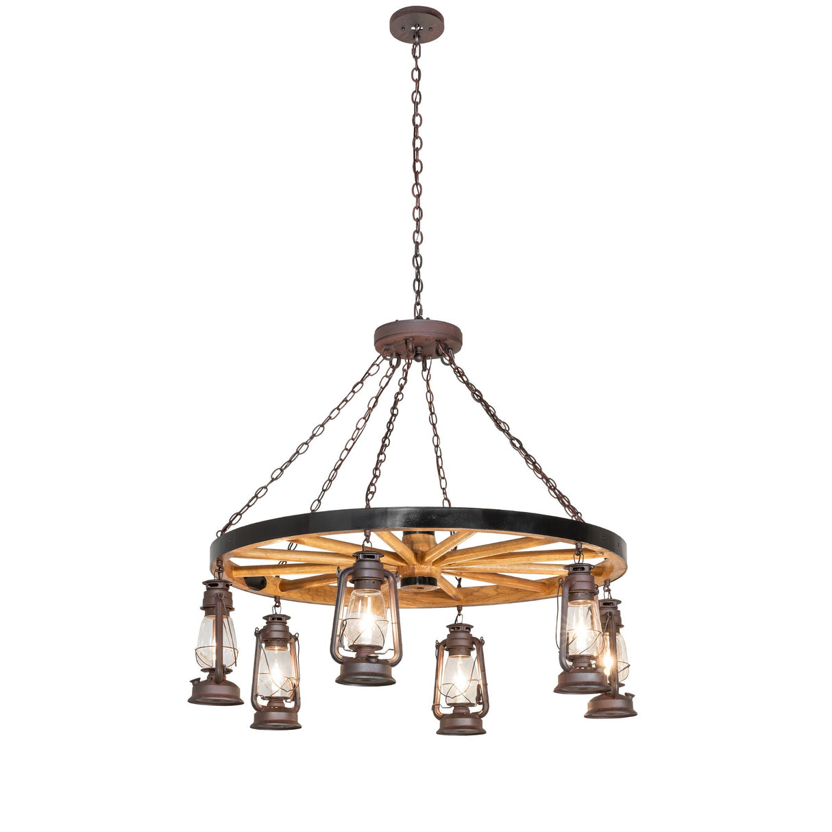 Full view of Miners Lantern wagon wheel chandelier with six lantern lights.