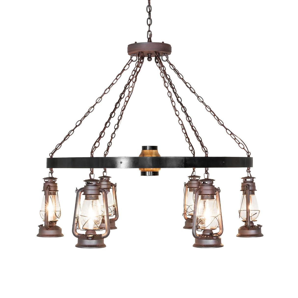 Side view of Miners Lantern chandelier showing hanging lantern spacing.
