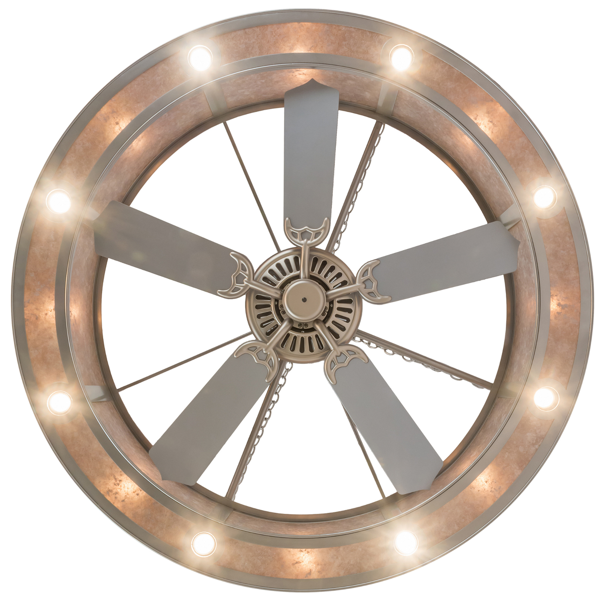 Bottom lit view showing illuminated fan blades and ring of soft downlights.