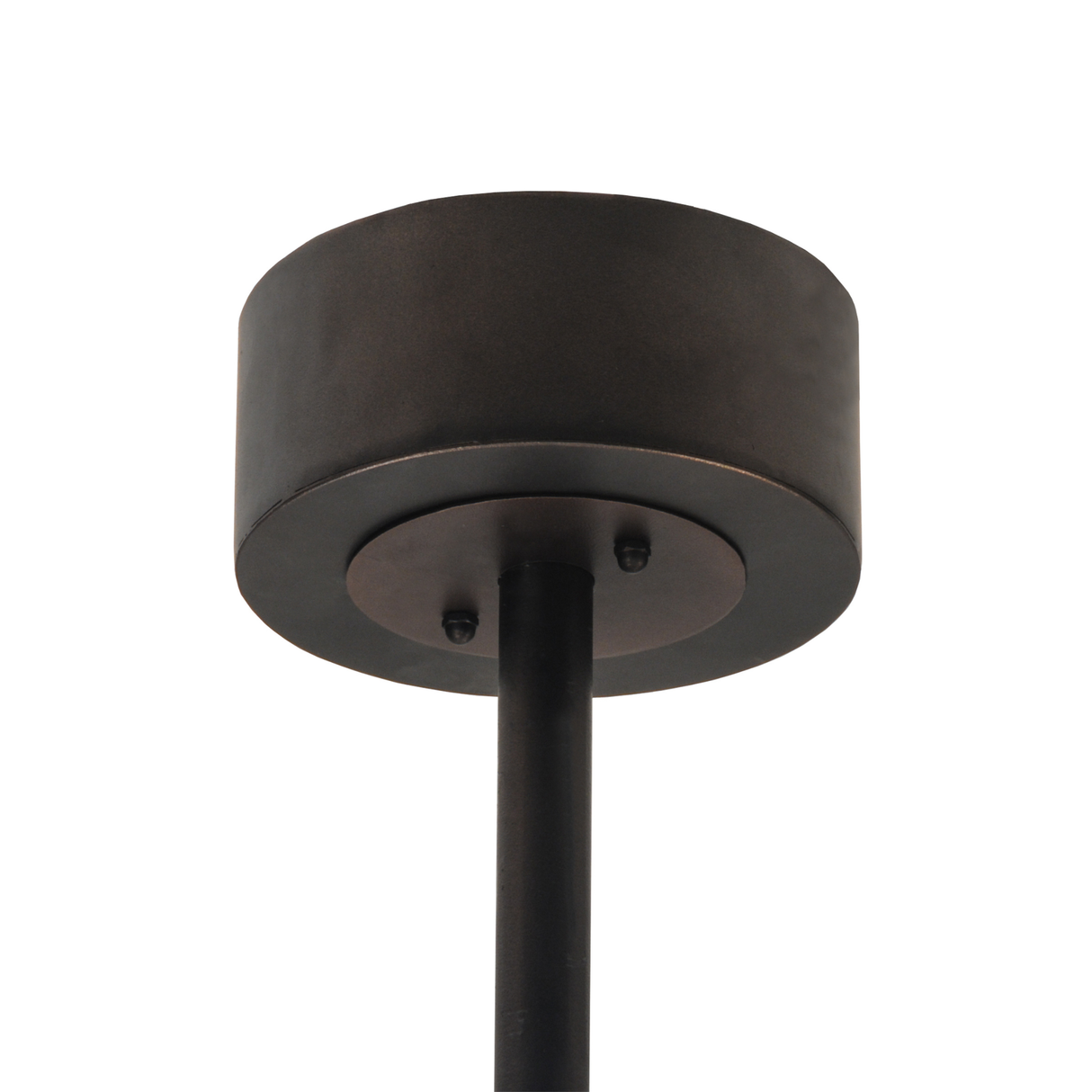 Closeup showing ceiling canopy and suspension rod in bronze finish.