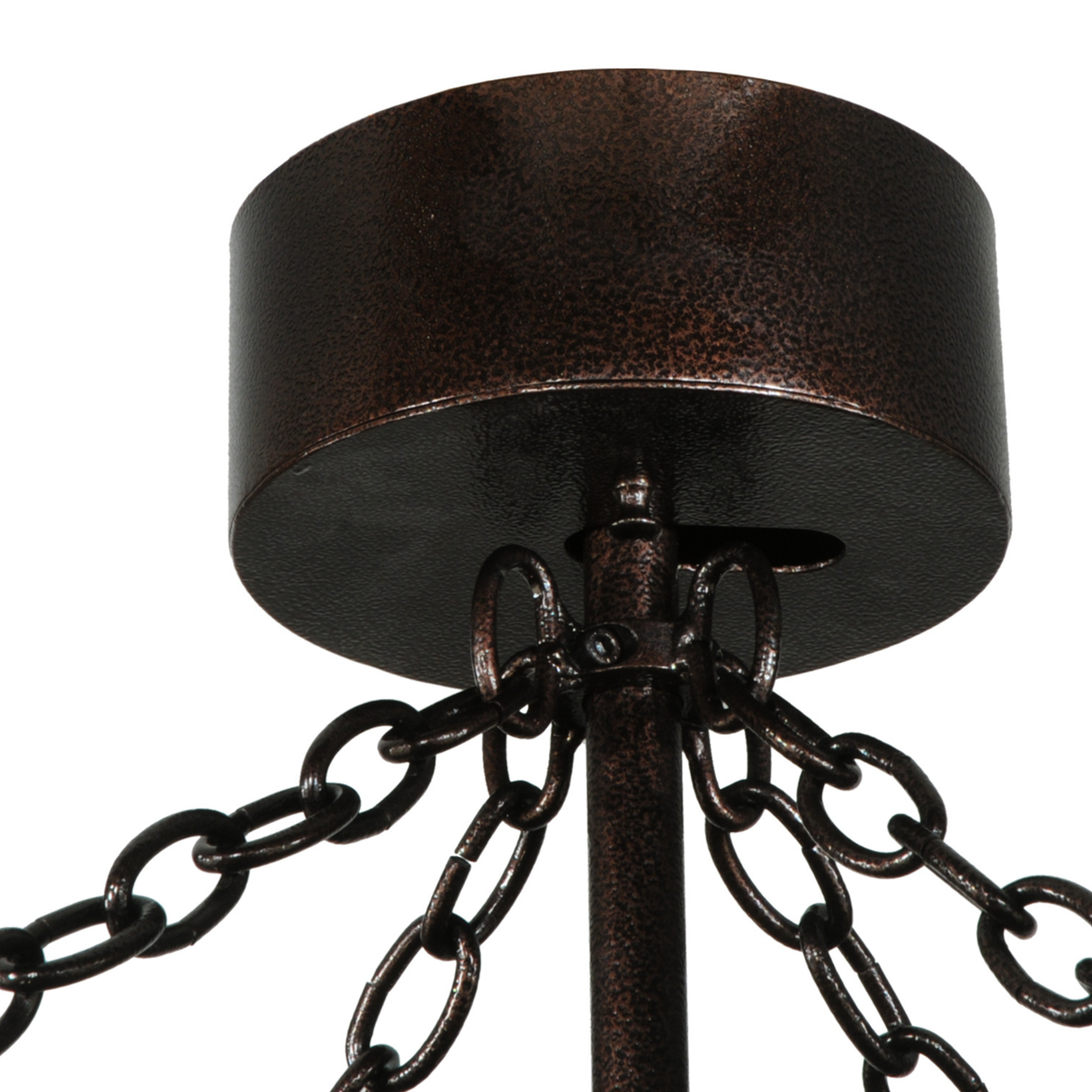 Ceiling canopy detail with chain mount and bronze finish.