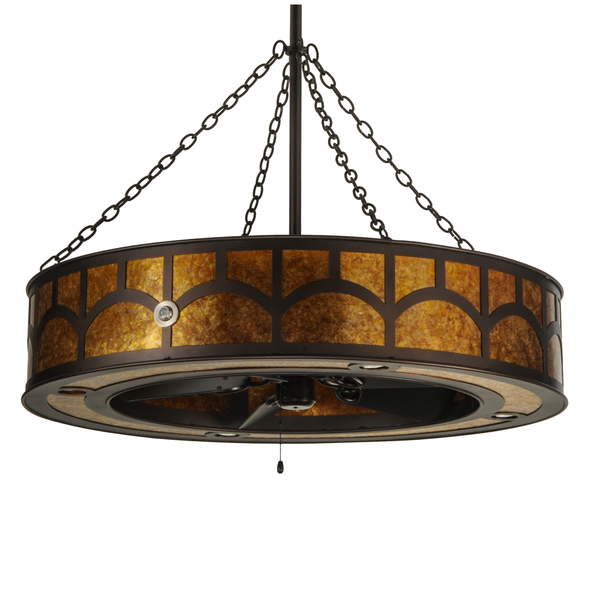 Front angle unlit view highlighting hilltop design and chain mount.