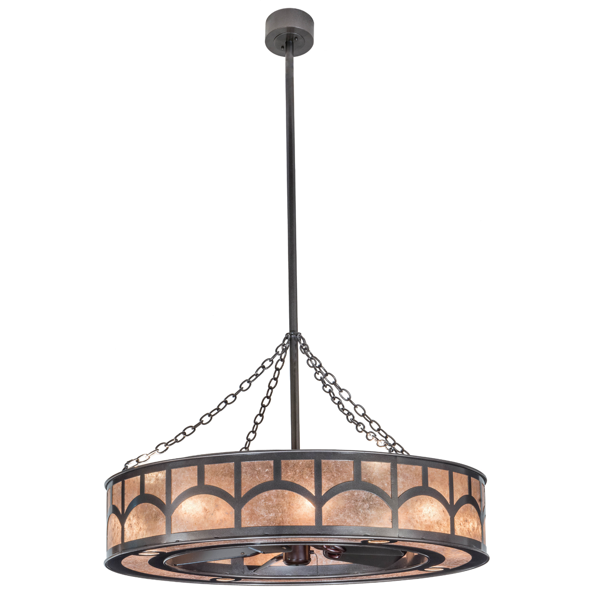 Full view showing entire hanging fixture with silver mica glow.