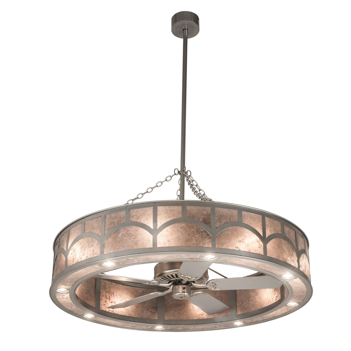 Full lit view capturing entire hanging design with chain supports and soft mica glow.