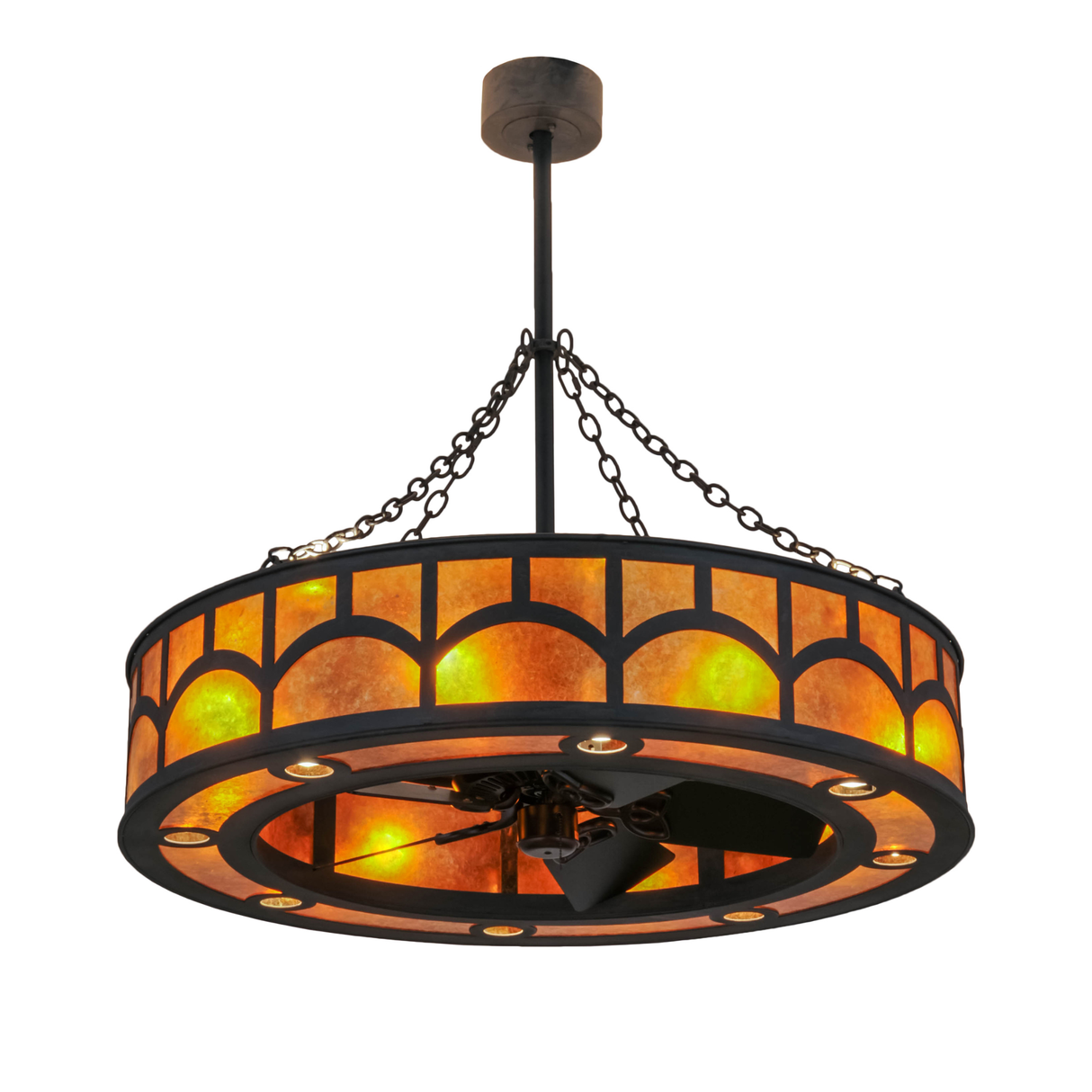 Bottom angled view showing lit downlights and fan assembly.
