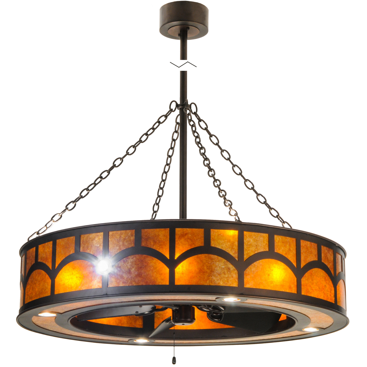 Overall lit view showing Amber Mica diffuser and chain-mounted design.