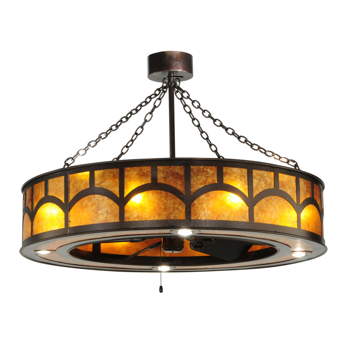 Side angle view showing copper vein finish and glowing shade.