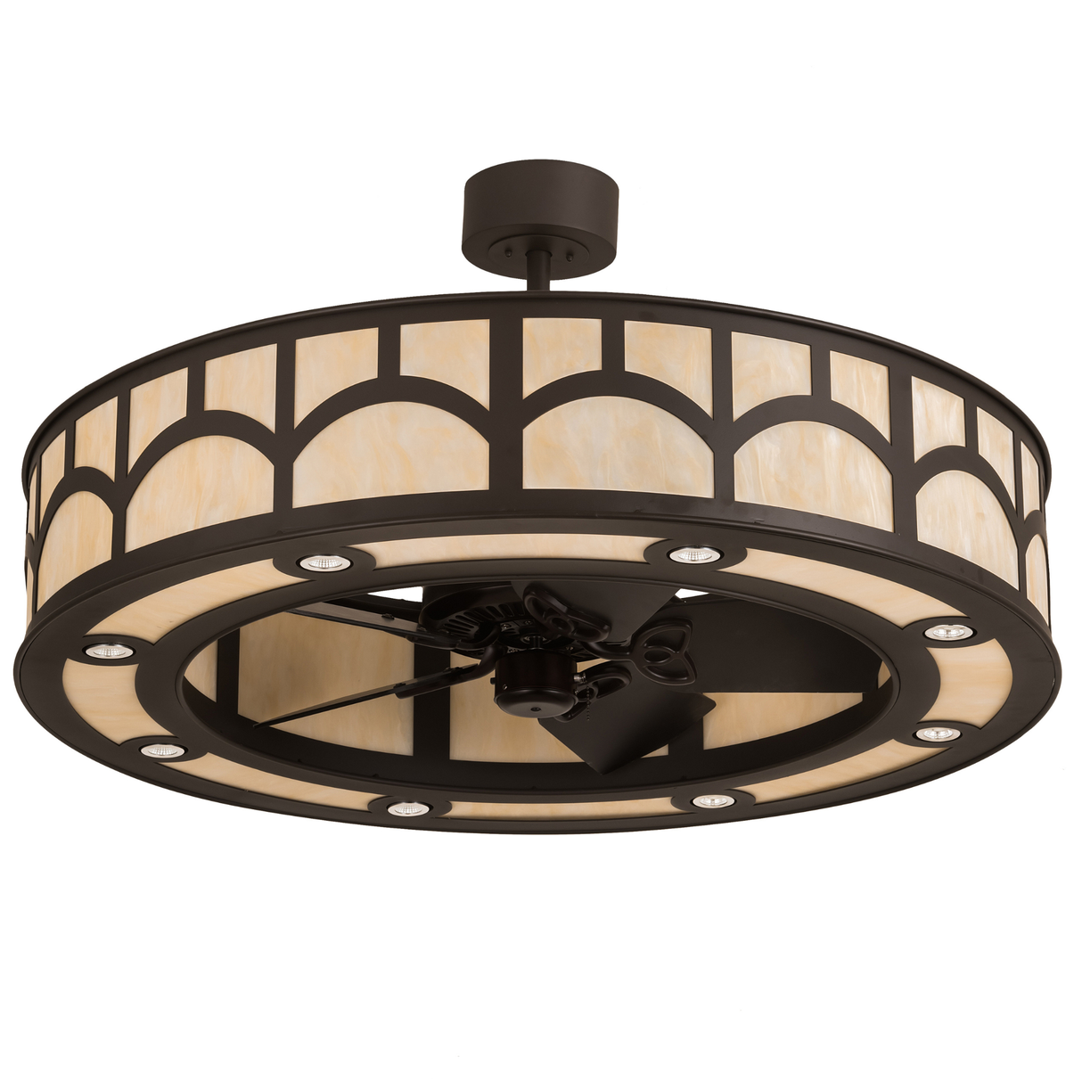Unlit angled view highlighting geometric diffuser and bronze frame.
