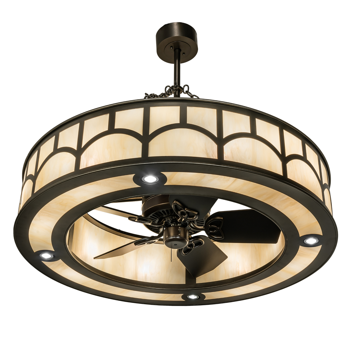 Bottom view showing integrated fan and circular light placement.