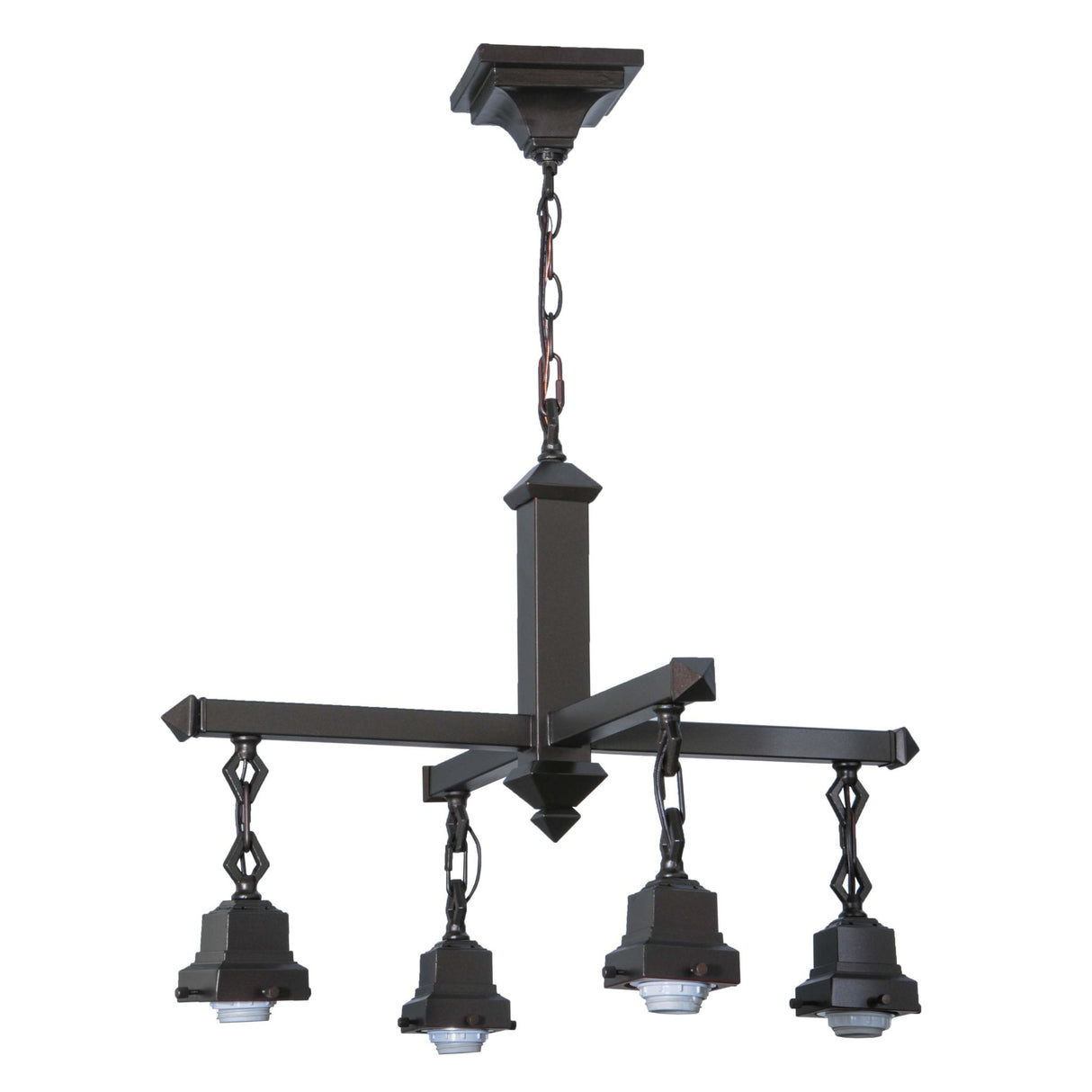 Mission-style Mahogany Bronze 4-Light Chandelier Hardware with a geometric frame and chain suspension.