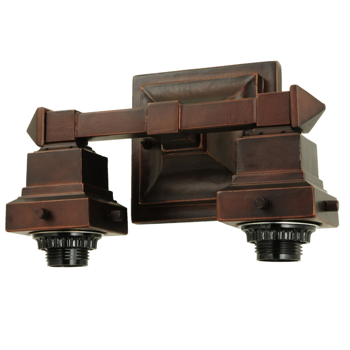 Angled view of the Mission-style 2-light wall sconce hardware.