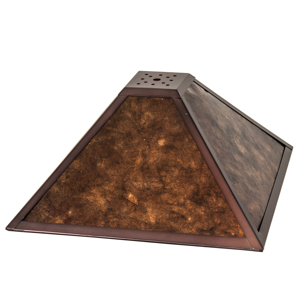 Angled view of the Mission Prime shade showcasing amber mica panels.