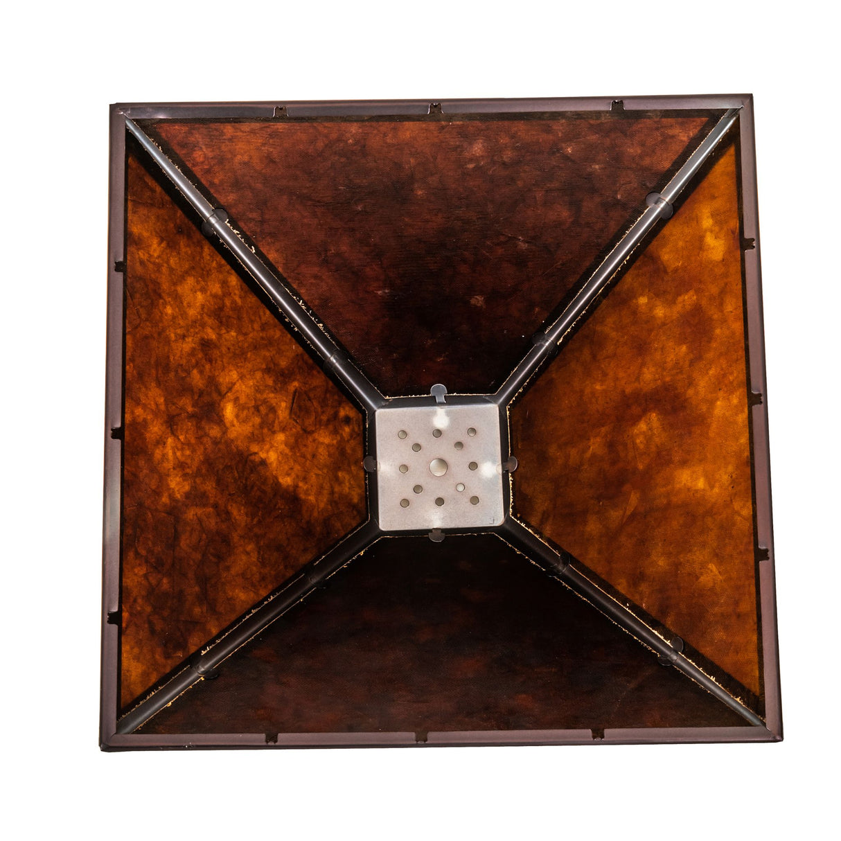 Overhead view of a square Mission Prime shade with amber mica panels.
