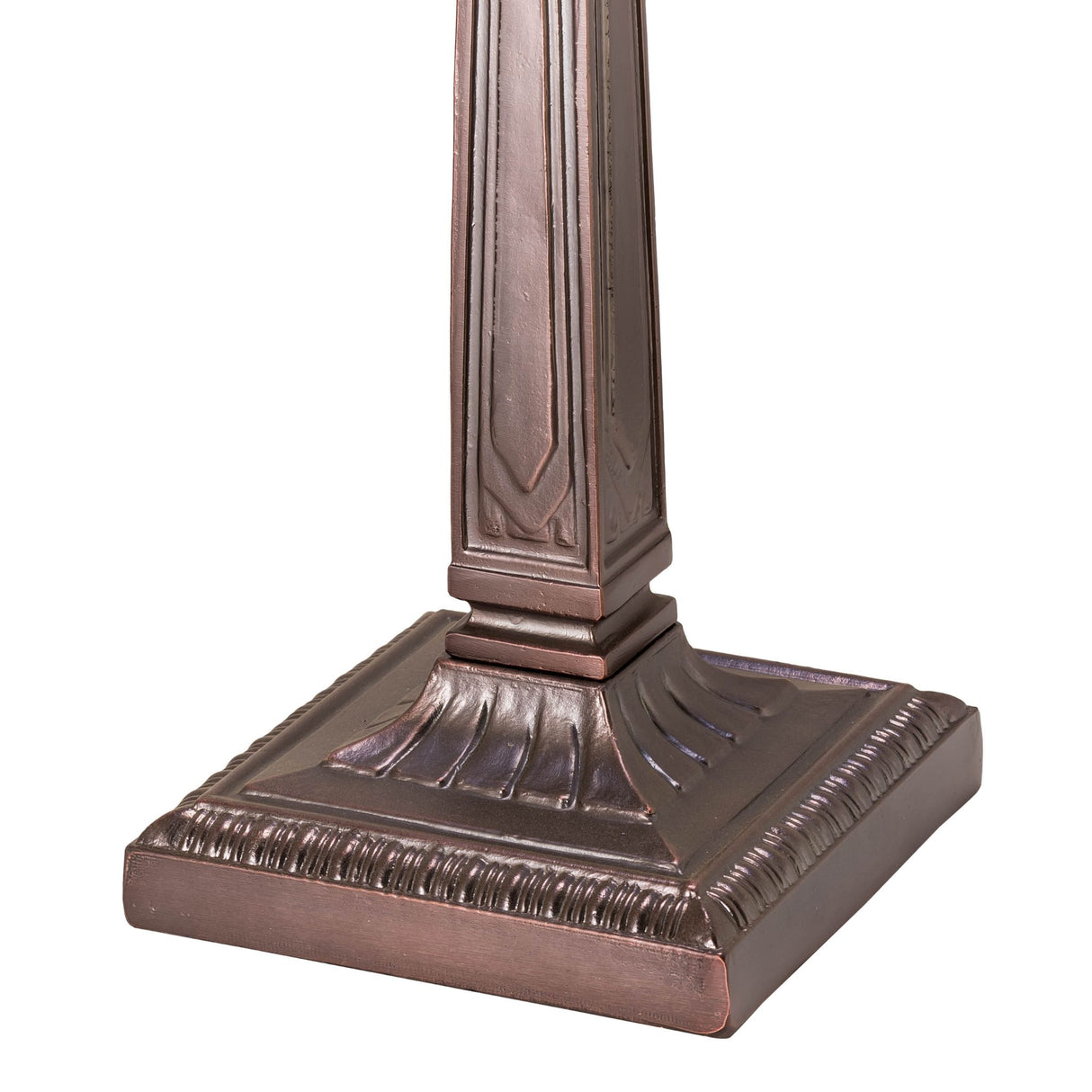 Closeup of the Mission table base showing its Mahogany Bronze finish and fine craftsmanship.